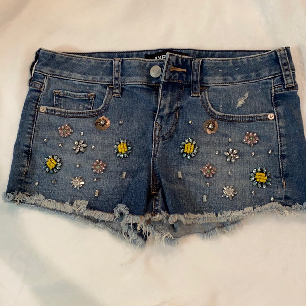 Lightly worn Express jean shorts beaded detail